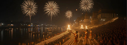 Diwali festival celebration with fireworks, devotees, and ceremonial lamps by a riverside ghat at night.