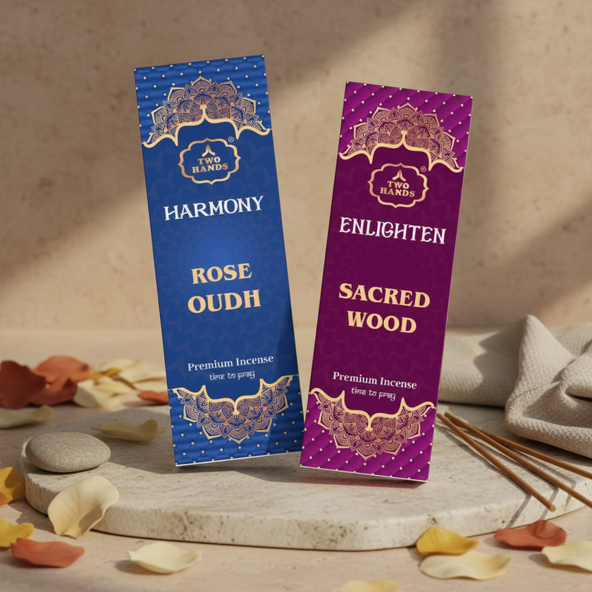 Premium incense stick packs, Rose Oudh and Sacred Wood, with decorative petals and sticks