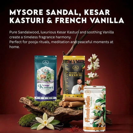 Premium Agarbatti Combo Pack of 3 | Mysore Sandal, Kesar Kasturi & French Vanilla Incense Sticks