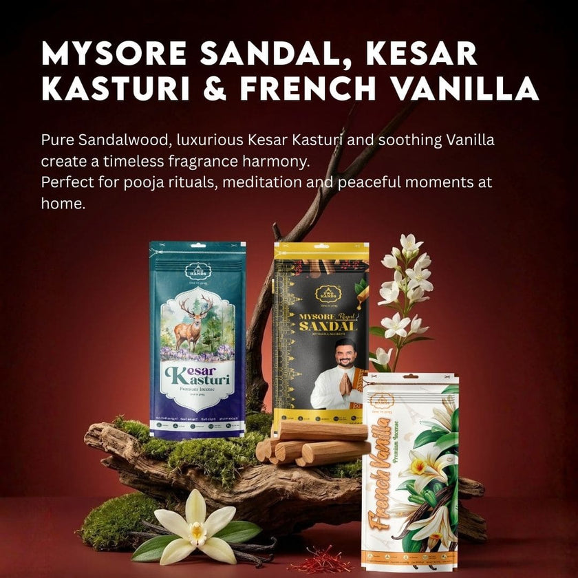 Premium Agarbatti Combo Pack of 3 | Mysore Sandal, Kesar Kasturi & French Vanilla Incense Sticks