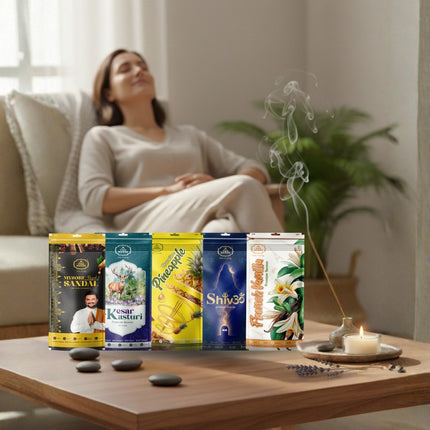 Premium 5-in-1 Incense Stick Combo | Mysore Sandal, Kesar Kasturi, French Vanilla, Pineapple & Shivom Temple Divine