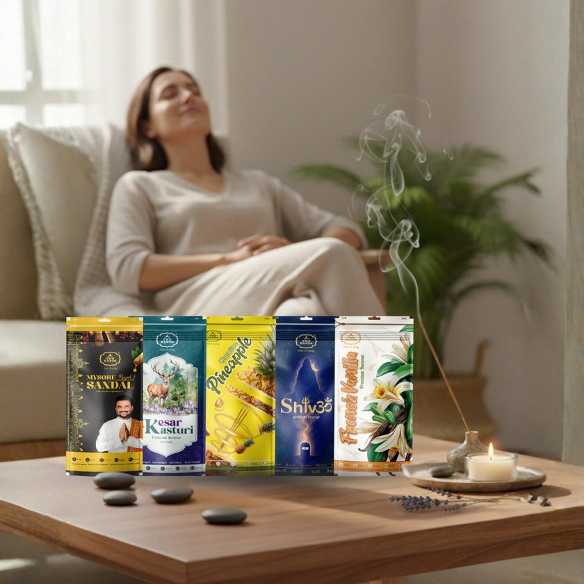 Premium 5-in-1 Incense Stick Combo | Mysore Sandal, Kesar Kasturi, French Vanilla, Pineapple & Shivom Temple Divine