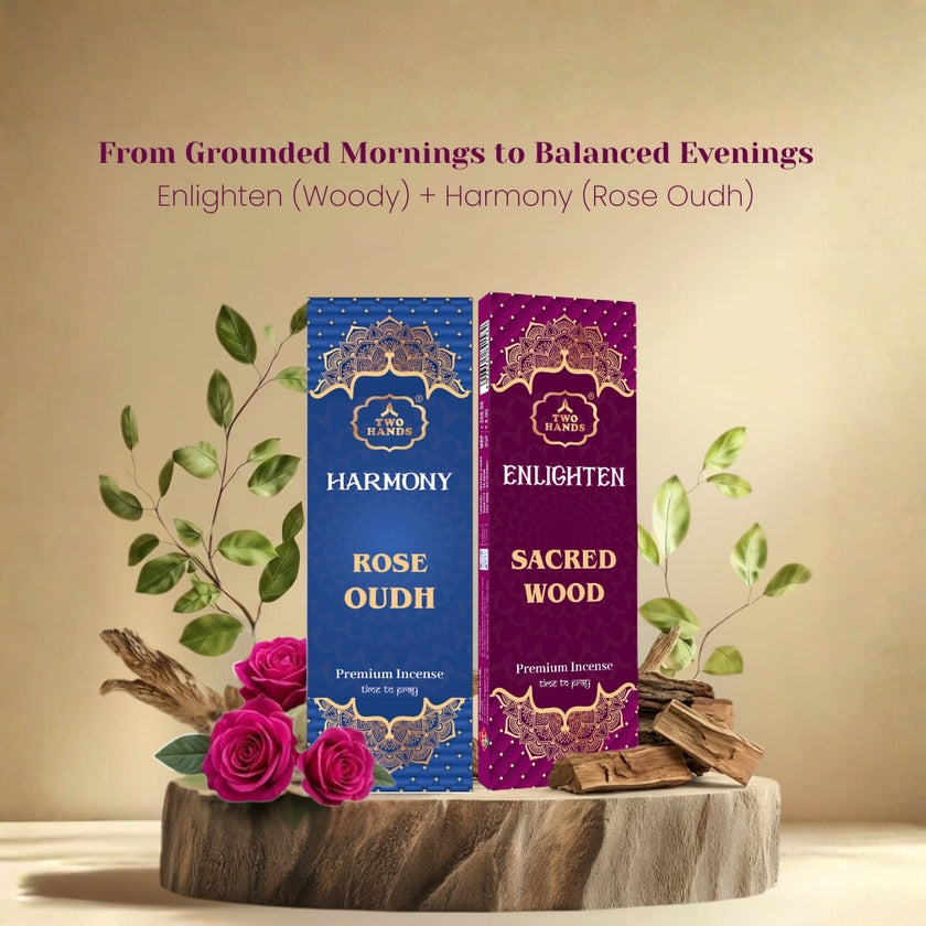 Rose Oudh and Sacred Wood premium incense stick packs with natural wood, leaves, and roses.