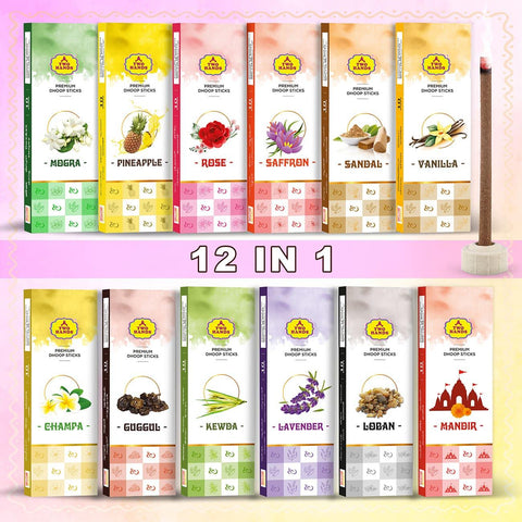 Premium Bambooless Assorted Dhoop Sticks 12 in 1 pack( 120 Sticks ) - TwoHands