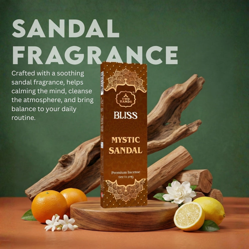 Mystic Sandal fragrance incense sticks box with sandalwood, citrus fruits, and flowers
