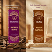 Enlighten Sacred Wood and Bliss Mystic Sandal premium incense sticks in decorative boxes, displayed with wood and powder, ideal for spiritual rituals and relaxation.