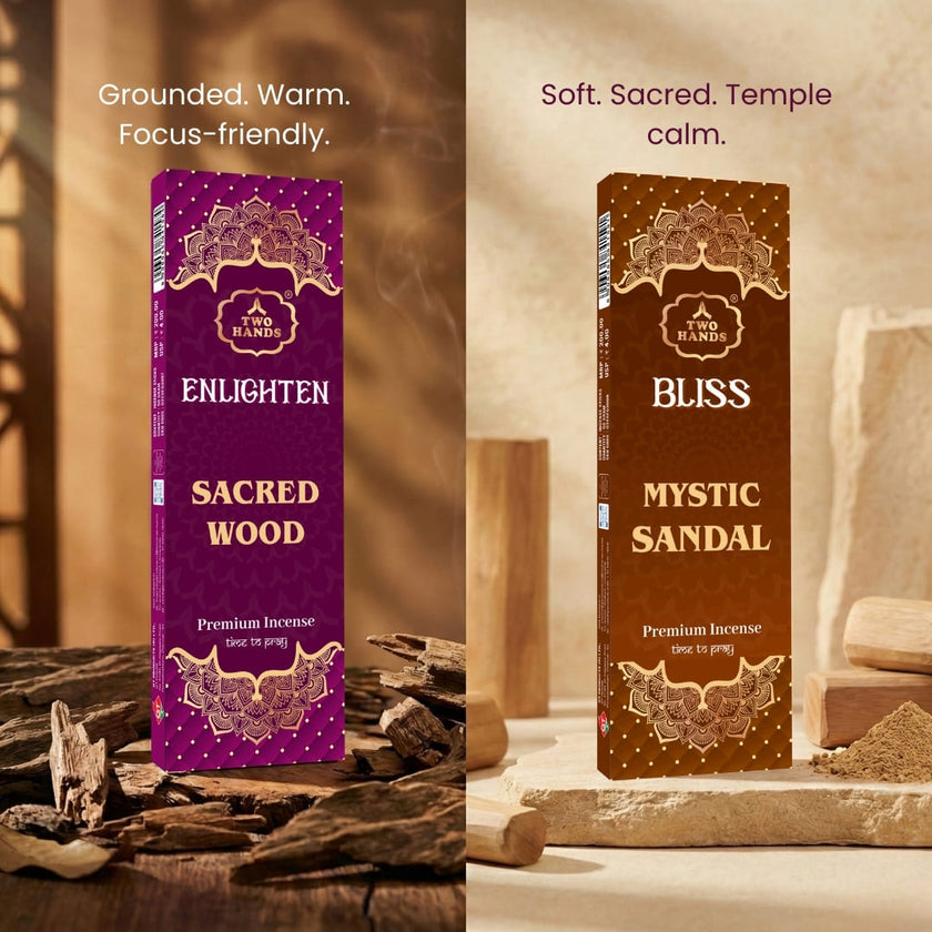 Enlighten Sacred Wood and Bliss Mystic Sandal premium incense sticks in decorative boxes, displayed with wood and powder, ideal for spiritual rituals and relaxation.