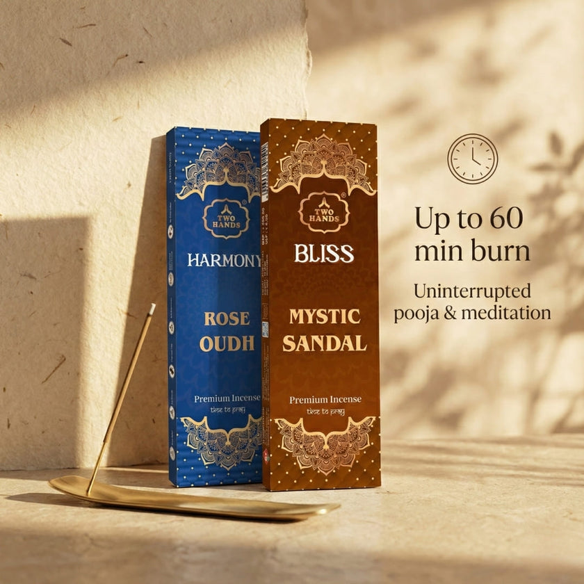 Rose oudh and mystic sandal incense sticks boxes with brass holder, 60 minute burn time.