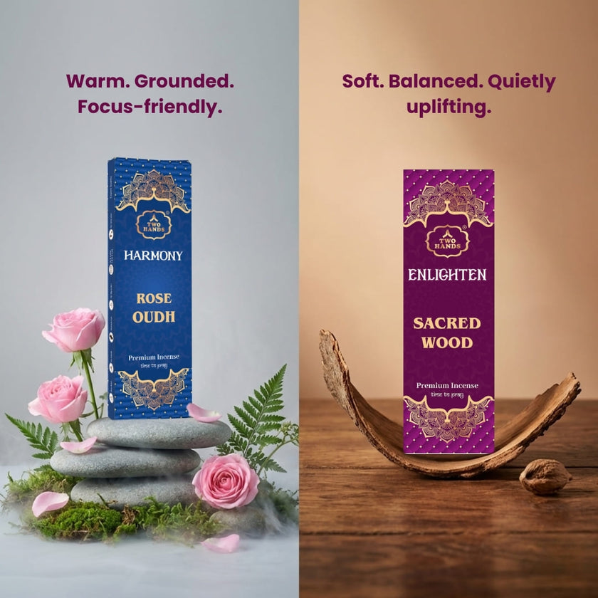 Rose Oudh and Sacred Wood premium incense sticks with floral and wooden decor, side by side.