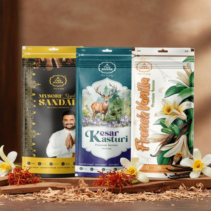 Premium Agarbatti Combo Pack of 3 | Mysore Sandal, Kesar Kasturi & French Vanilla Incense Sticks