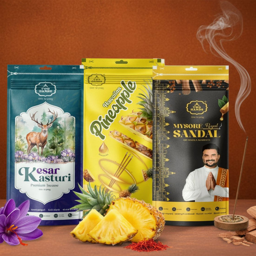Daily Puja Agarbatti Combo Pack of 3 | Mysore Sandal, Hawaiian Pineapple & Kesar Kasturi Incense Sticks