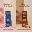 Rose Oudh and Mystic Sandal premium incense stick boxes with petals and sandalwood sticks