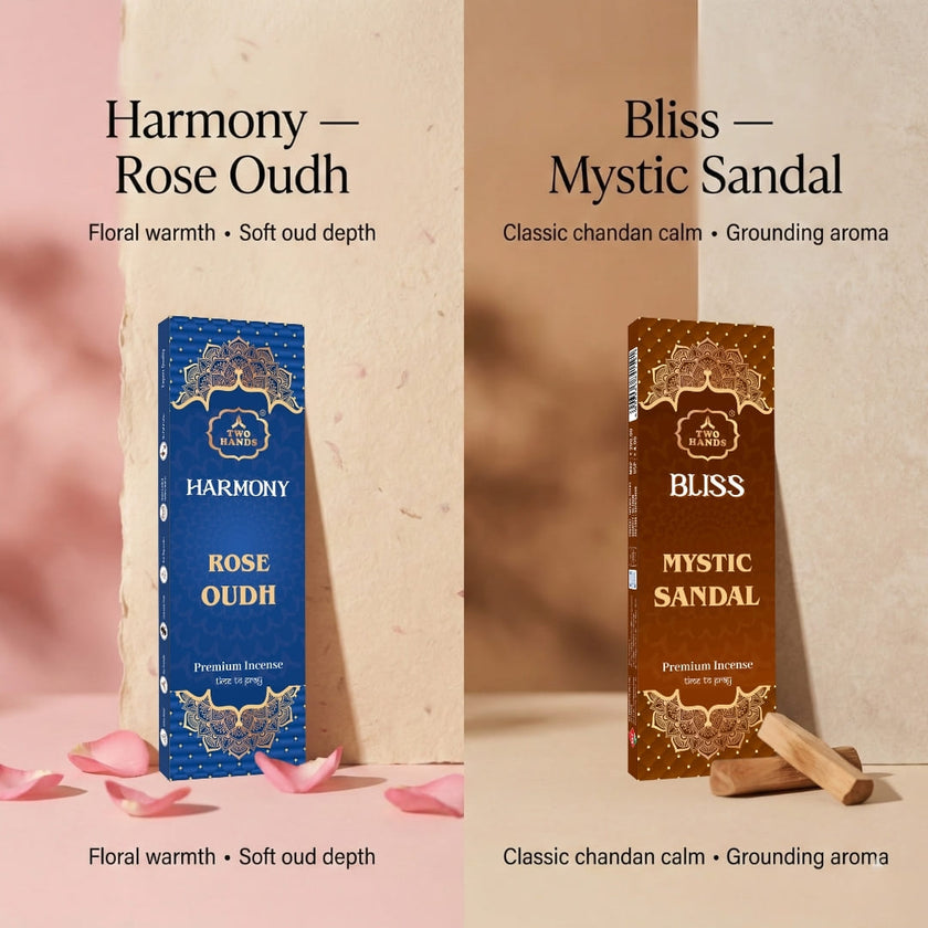 Rose Oudh and Mystic Sandal premium incense stick boxes with petals and sandalwood sticks
