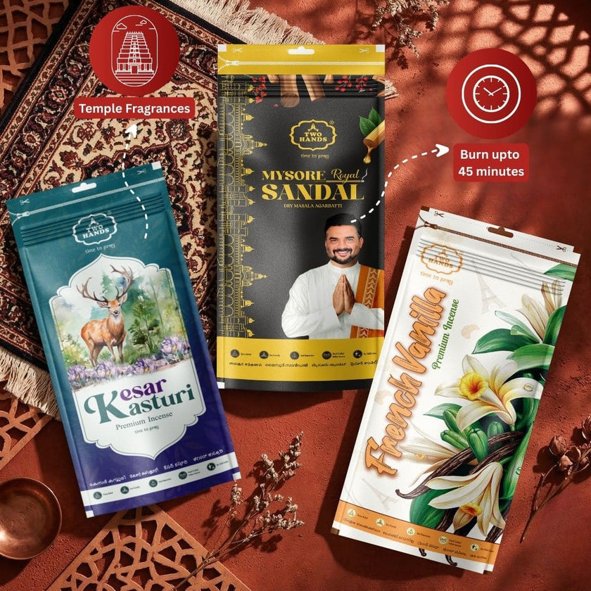 Premium Agarbatti Combo Pack of 3 | Mysore Sandal, Kesar Kasturi & French Vanilla Incense Sticks