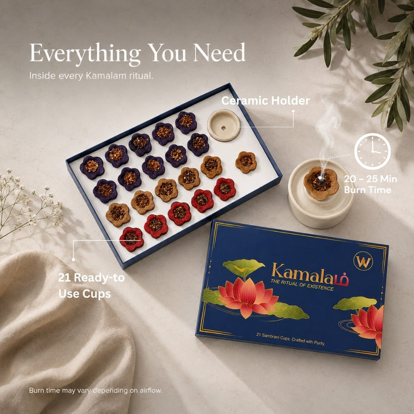 Kamalam 3-in-1 Sambrani Cups – Sandalwood, Rose & Lavender Fragrances