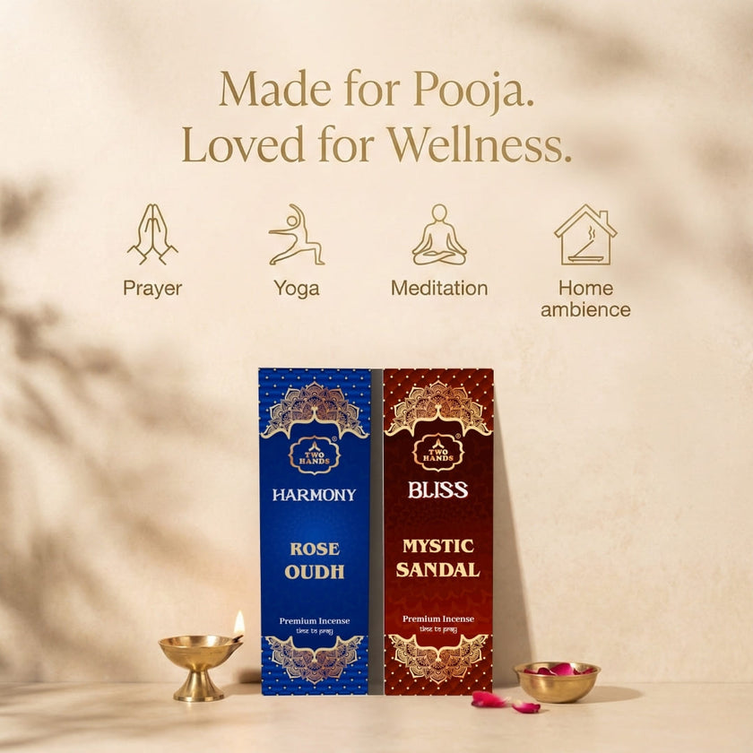 Premium incense sticks Rose Oudh and Mystic Sandal for prayer, yoga, meditation, wellness.