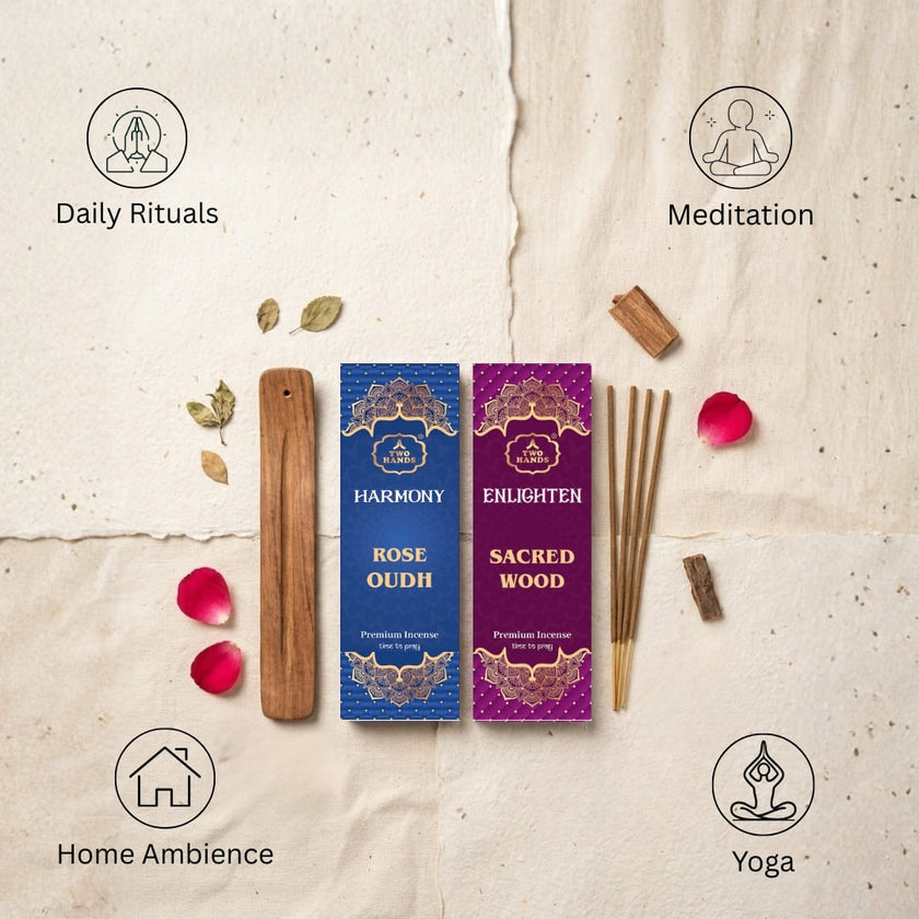 Premium incense sticks Rose Oudh and Sacred Wood with holder, petals, for rituals, meditation, yoga, home ambience.