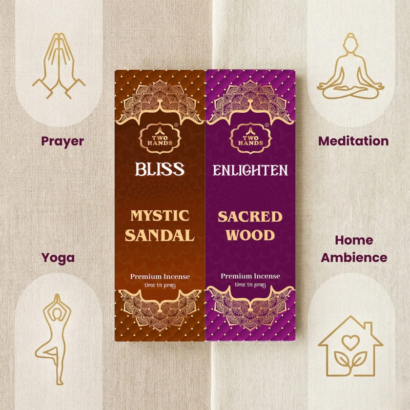 Bliss Mystic Sandal and Enlighten Sacred Wood incense sticks for prayer, yoga, meditation, home ambience.