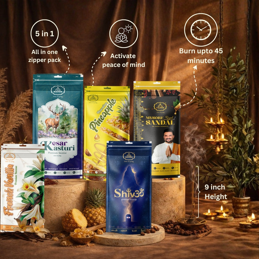 Premium 5-in-1 Incense Stick Combo | Mysore Sandal, Kesar Kasturi, French Vanilla, Pineapple & Shivom Temple Divine