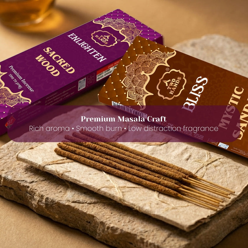 Premium incense sticks on stone slab with Mystic Sandal and Sacred Wood packaging, aromatic setting