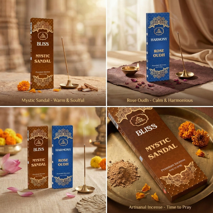 Collage of Mystic Sandal and Rose Oudh incense sticks with incense holders, flowers, and spiritual decor