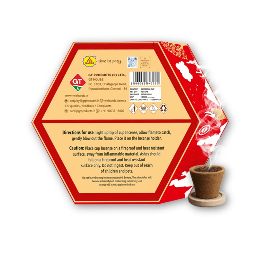 Hexagon box of sambrani cup incense with burning cup on holder, product instructions visible