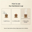 Step-by-step instructions for using sambrani cup with safety tips and illustrated visuals.