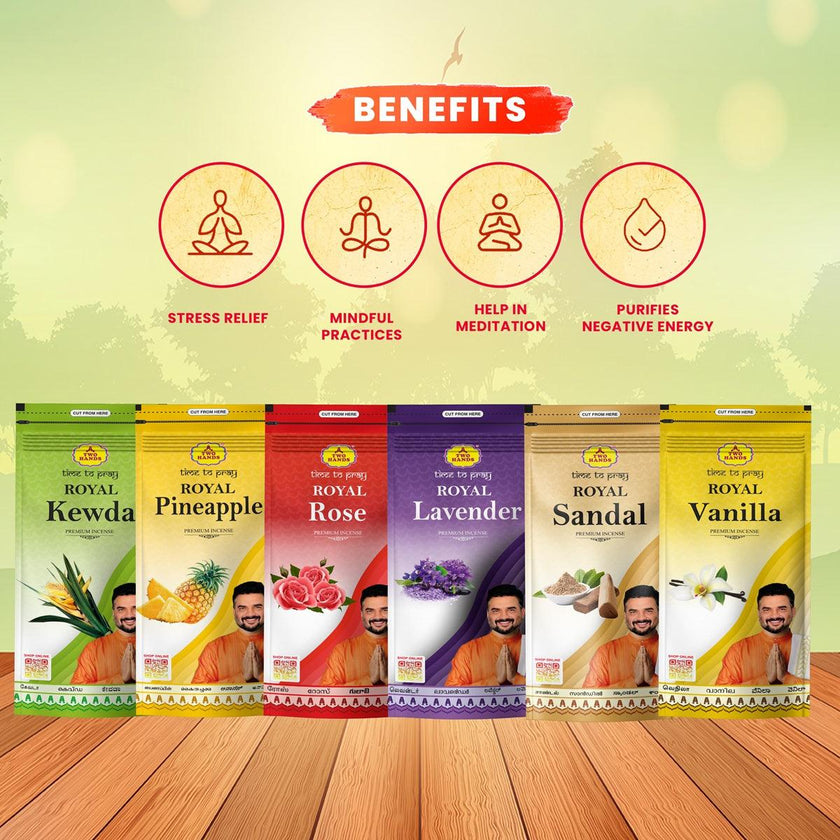 Royal Series Zipper Premium Incense Sticks Combo (Pineapple, Sandal, Vanilla, Kewda, Rose, Lavender - 6 Pack) - TwoHands