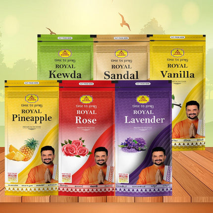 Royal Series Zipper Premium Incense Sticks Combo (Pineapple, Sandal, Vanilla, Kewda, Rose, Lavender - 6 Pack)