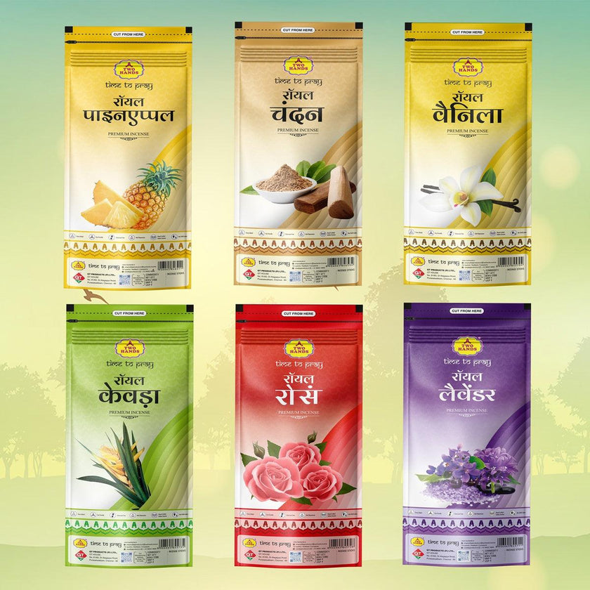 Royal Series Zipper Premium Incense Sticks Combo (Pineapple, Sandal, Vanilla, Kewda, Rose, Lavender - 6 Pack) - TwoHands