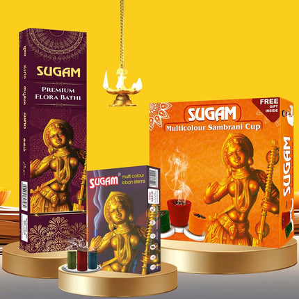 Sugam 3 Combo Pack: Sambrani Cups, Incense Sticks, and Instant Sambrani Sticks