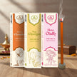Assorted premium dhoop sticks in Kesar Chandan, Nag Champa, and Rose Oudh scents on wooden table
